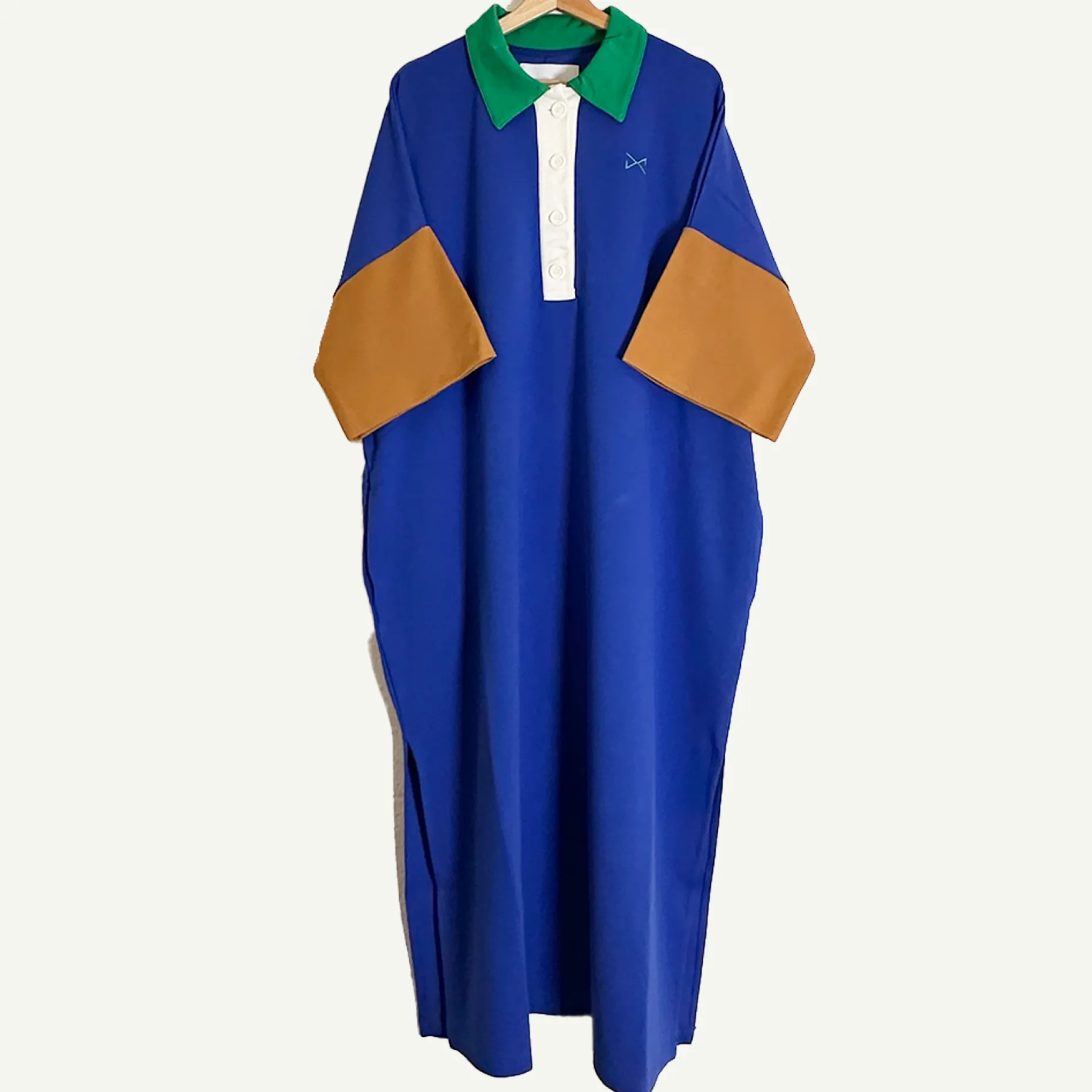 Daniel Chong Vestido Camisero Azul real cuello verde Best Sale